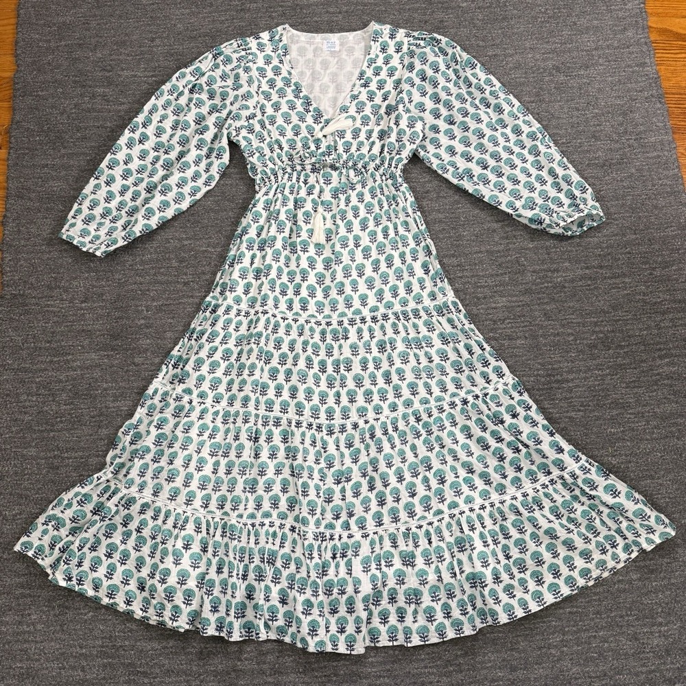 Mer St. Barth Odette Maxi Dress Women Large Floral Tasseled Puff Sleeve V-Neck